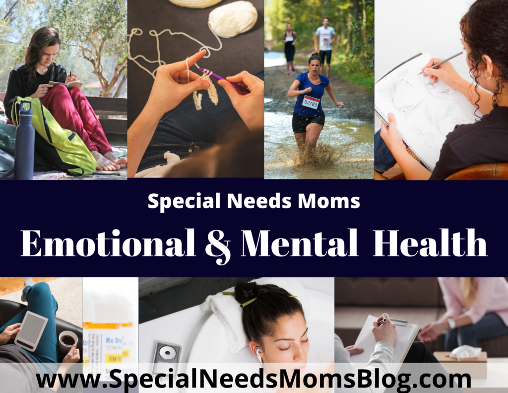 woman crocheting, woman drawing, woman reading on her tablet, woman journaling, woman talking with a therapist, woman soaking in a bubble bath listening to music, woman running, Special needs moms emotional and mental health